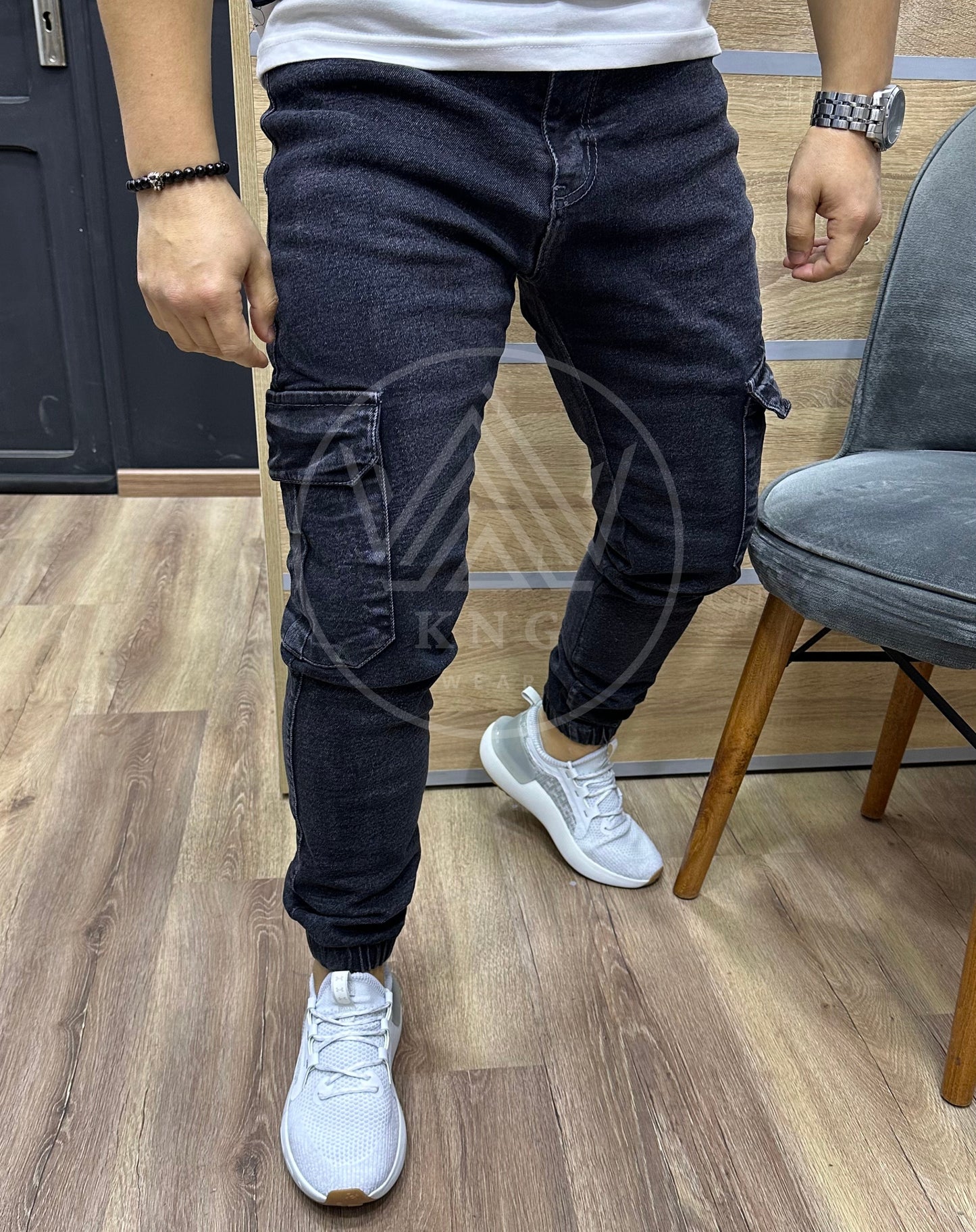 CARGO JEAN Avec Bande M1 - Gris Noir (Élastique)
