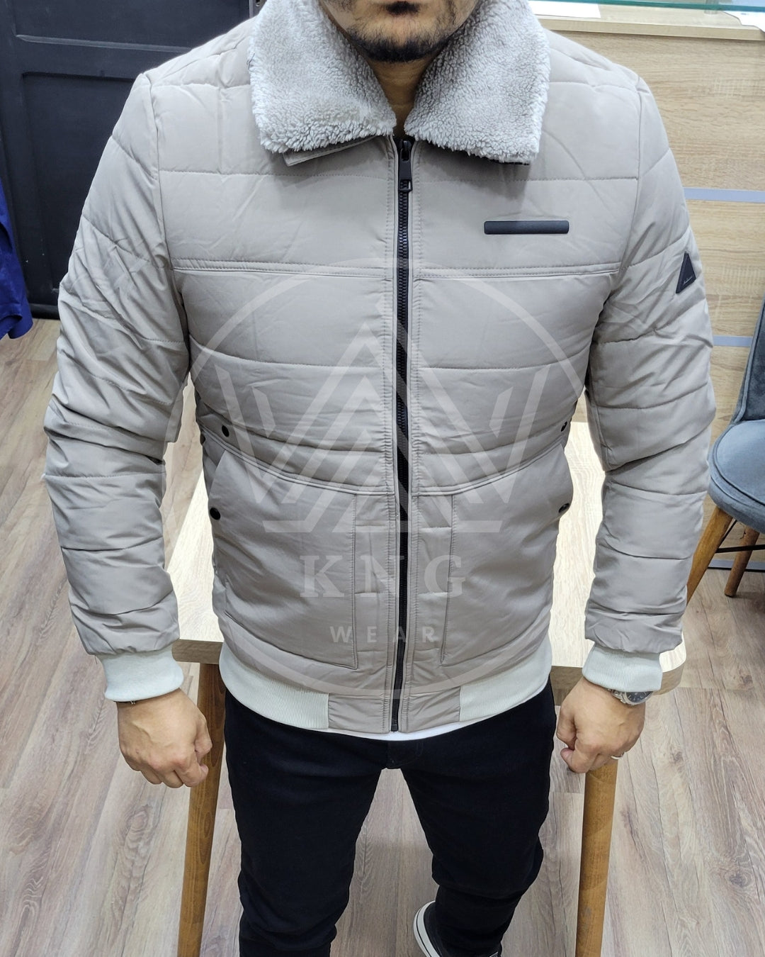 Jacket Col Fourrure Démontable - BEIGE GRIS