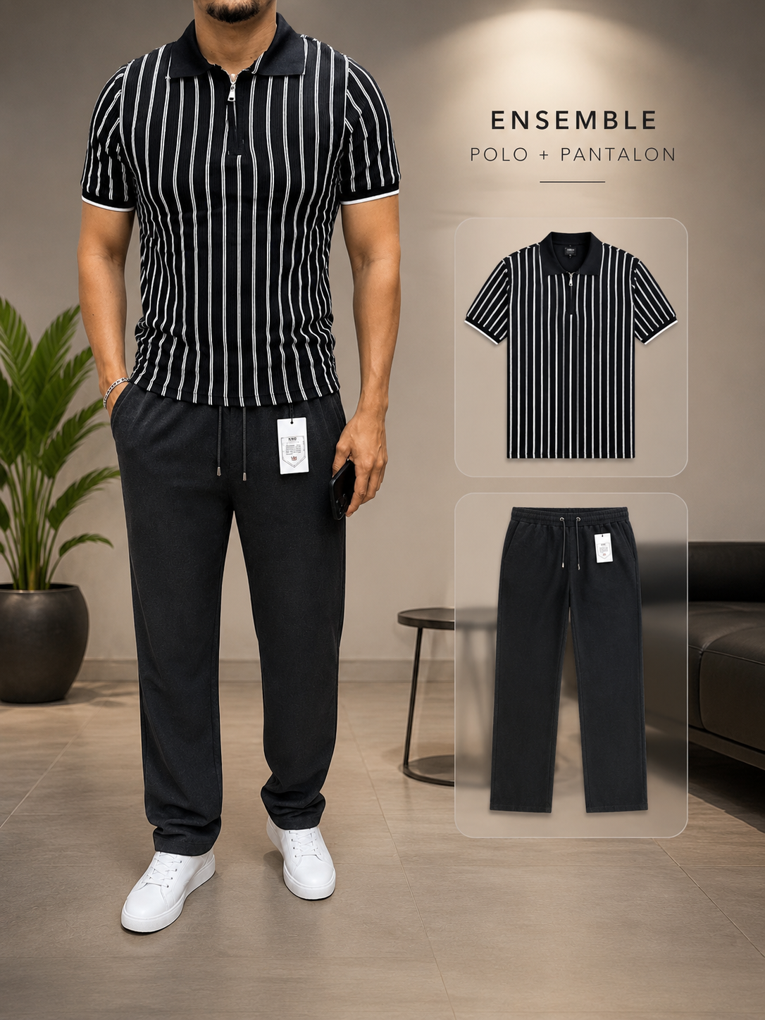 ENSEMBLE PANTALIN LIN + T-SHIRT COL POLO